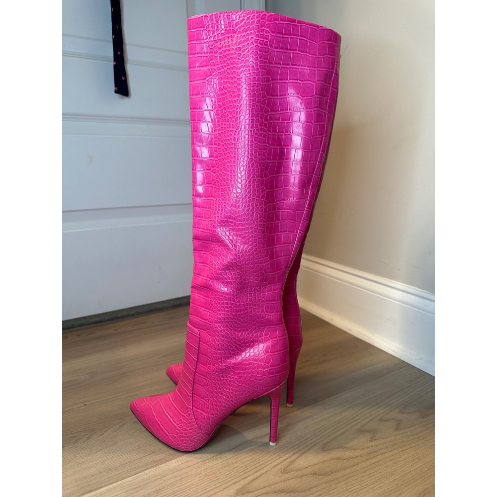 Pink Croc Embossed Knee High Stiletto Boots Pointed Toe Side Zip Heel women 9